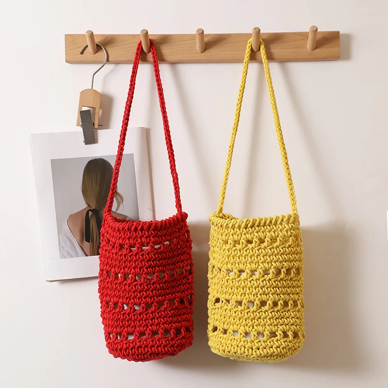

Fashion Summer Women's Beach Bag Design Hollow Out Cotton Rope Crochet Woven Shoulder Bucket Bag for Seaside Vacation Style