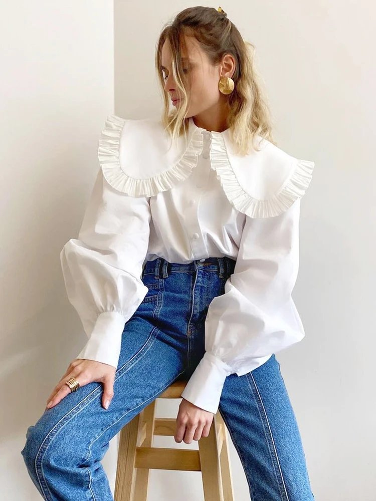 Mnealways18 Big Peter Pan Collar Ruffle Womens Blouse Long Sleeve White Cotton Casual Tops Female Spring Summer Frill Shirt 2024