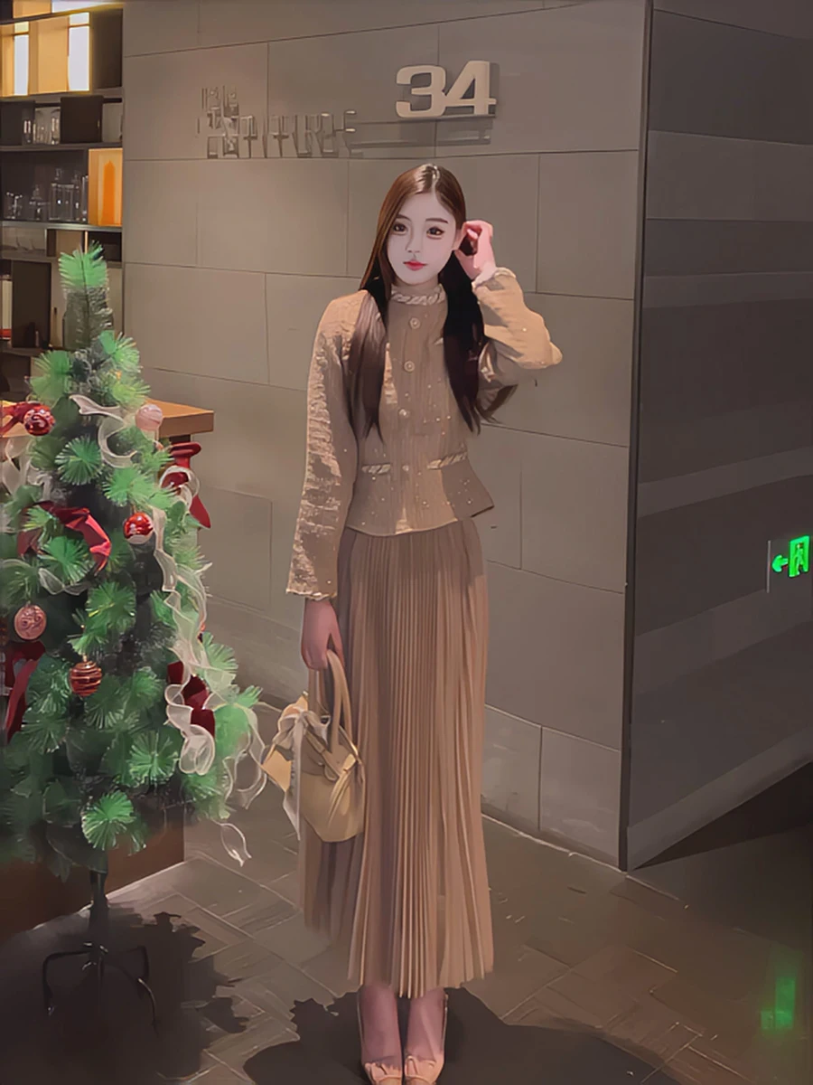

Elegant Short Coat And Skirt Set Women's Fashion Spring 2026 New Style Small Fragrance Wind Two-Piece Suit Polyester Fiber Lo...