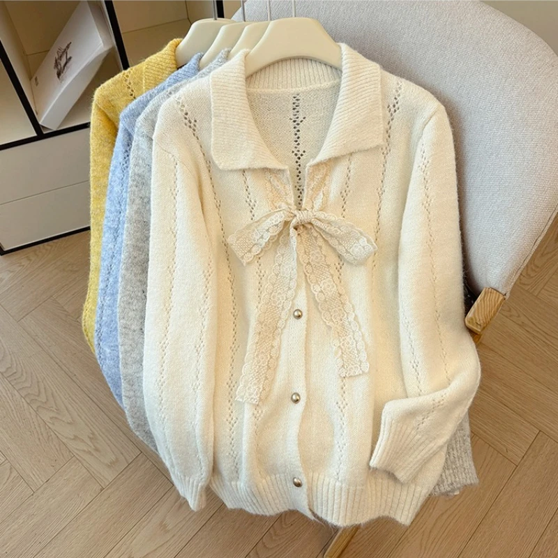 

Seoulish Autumn Winter Vintage Polo Collar Single Breasted Women's Cardigan 2025 New Long Sleeve Loose Bow Sweaters Tops Female