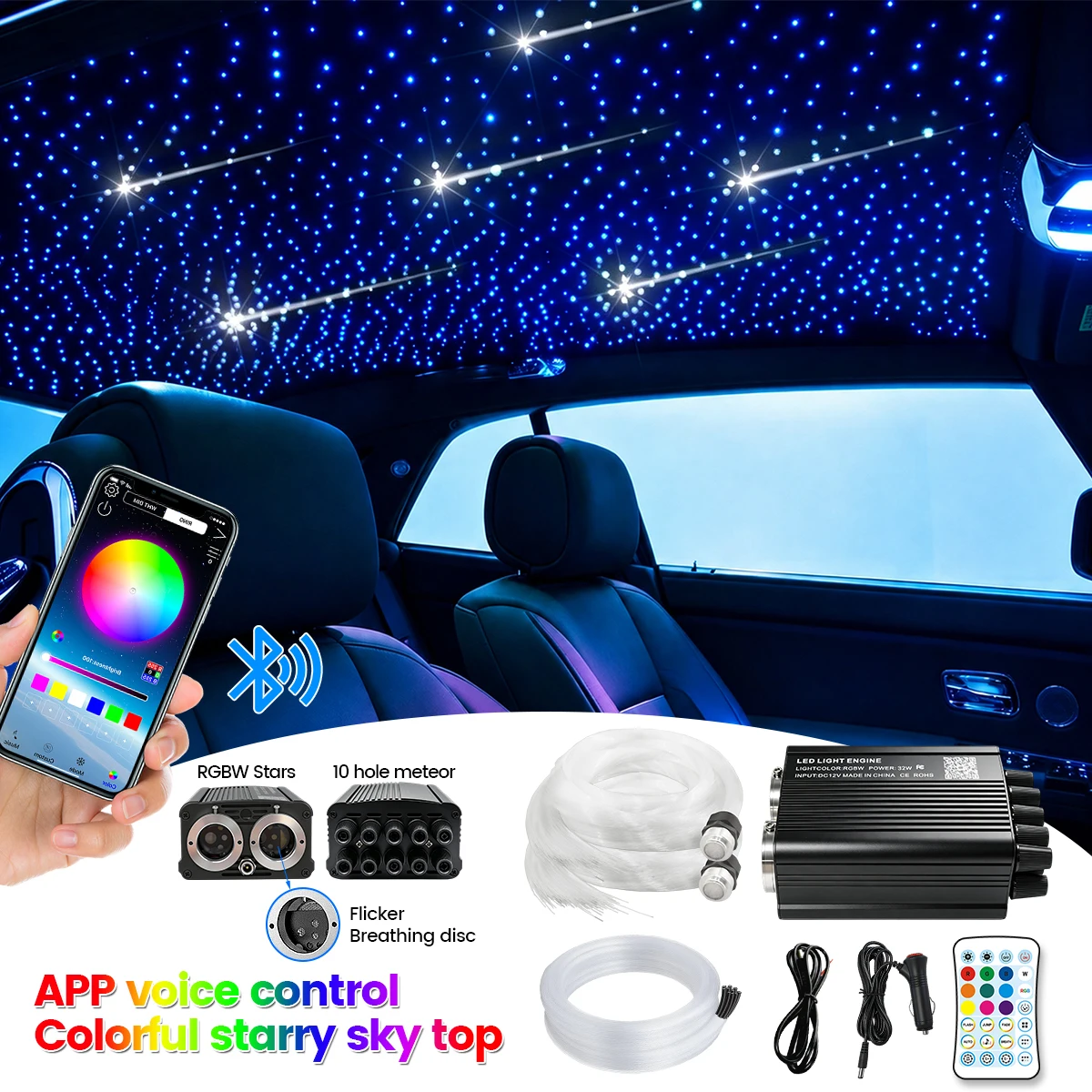 Dual Port 24W RGBW Starlight Headliner Kit, 1200pcs 0.75mm 6.5ft/9.8ft/13.1ft Twinkle Meteor Fiber Optic Strands, Bluetooth APP & Remote, Sound Activated for Car Home Ceiling Decoration