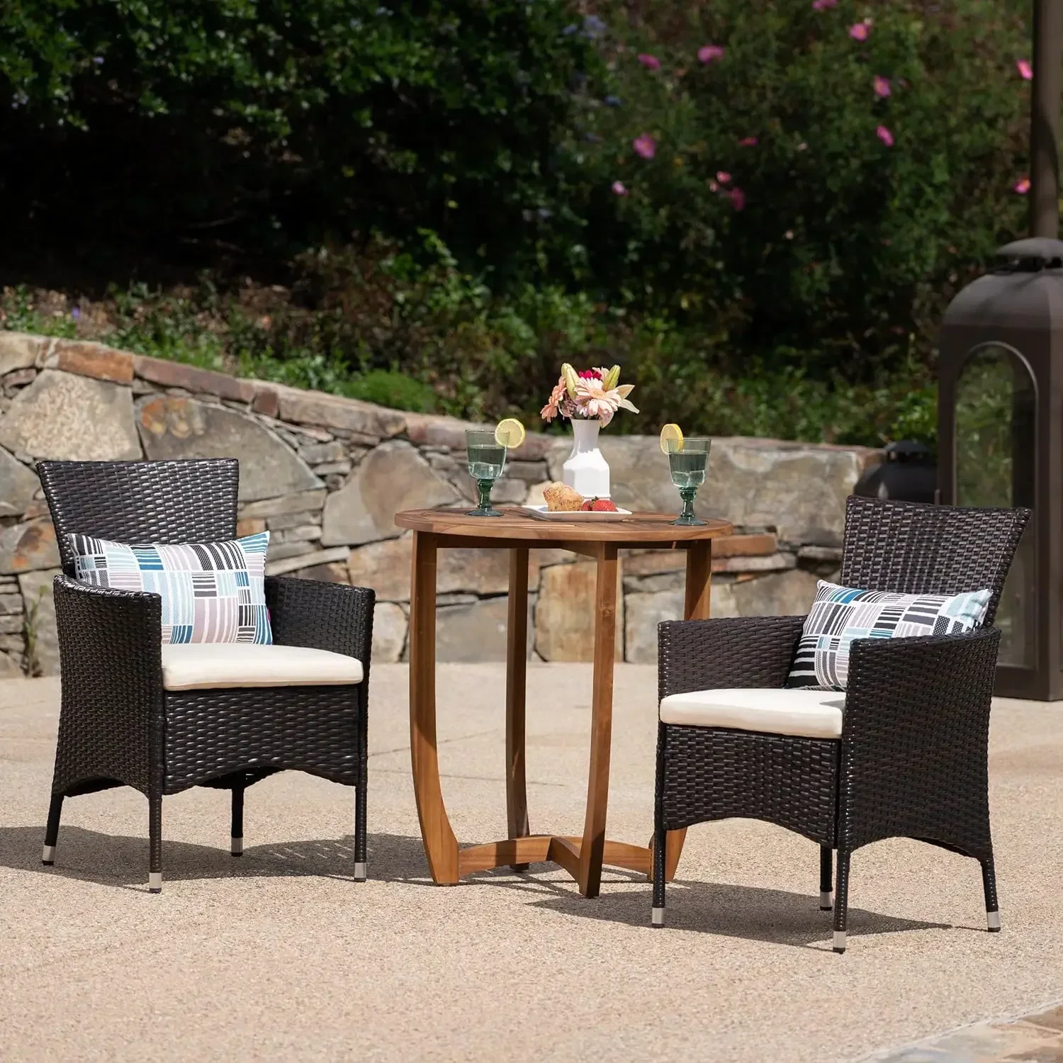 Ellie Outdoor 3 Piece Acacia Wood/Wicker Bistro Set with Cushions, 23.25 