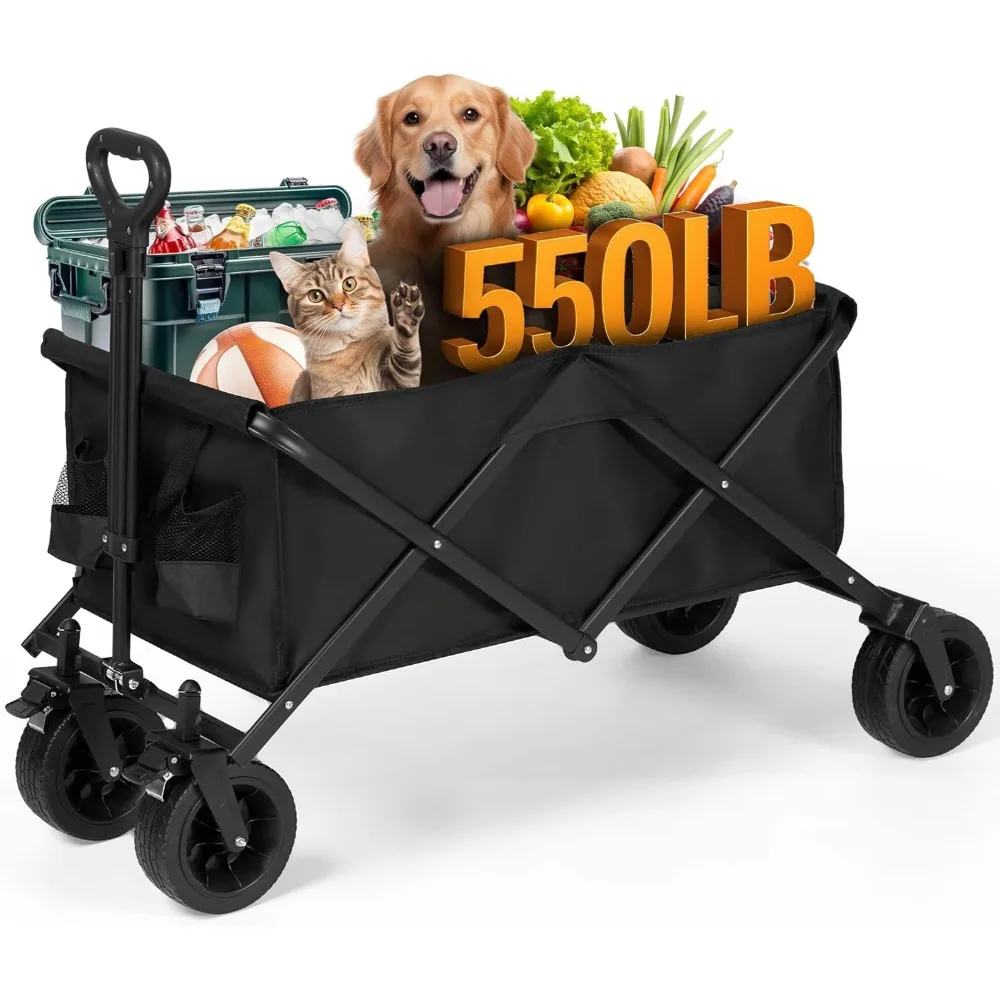 

Collapsible Wagon Cart Foldable Beach Wagon Large Capacity Utility Cart with All-Terrain Wheels Drink Holders 550LBs Weight Capa