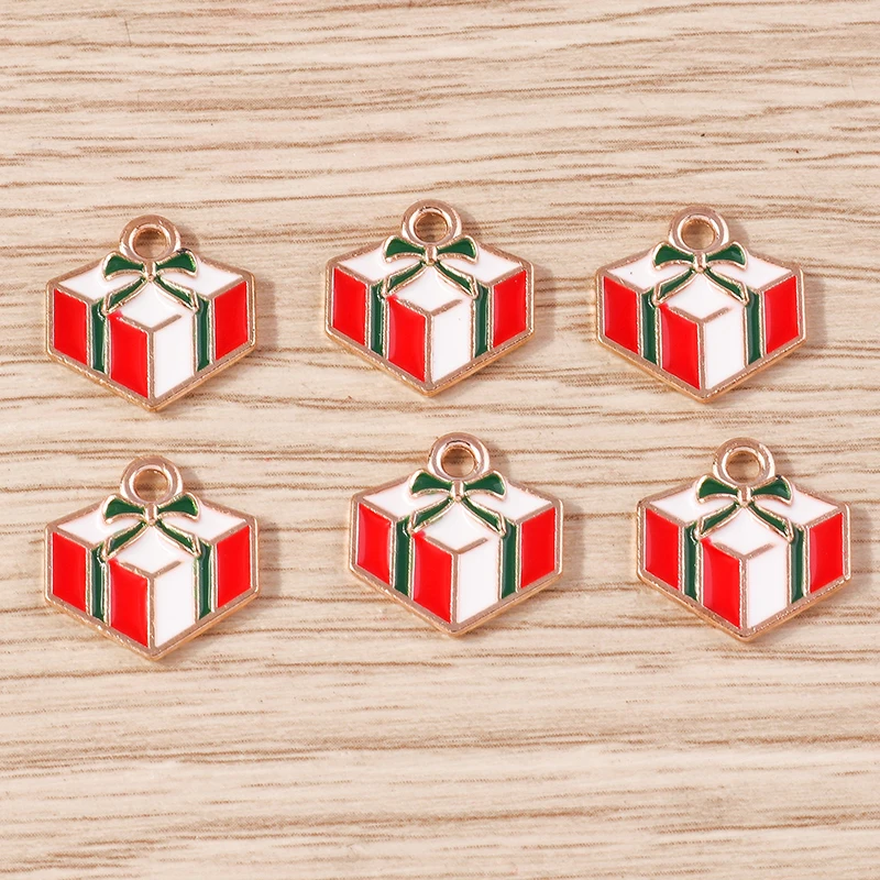 10 Stück 15x15mm Niedliche Emaille-Weihnachtsgeschenkbox-Anhänger für Schmuckherstellung, Ohrhänger, Halsketten, DIY-Bastelzubehör – Detail 2