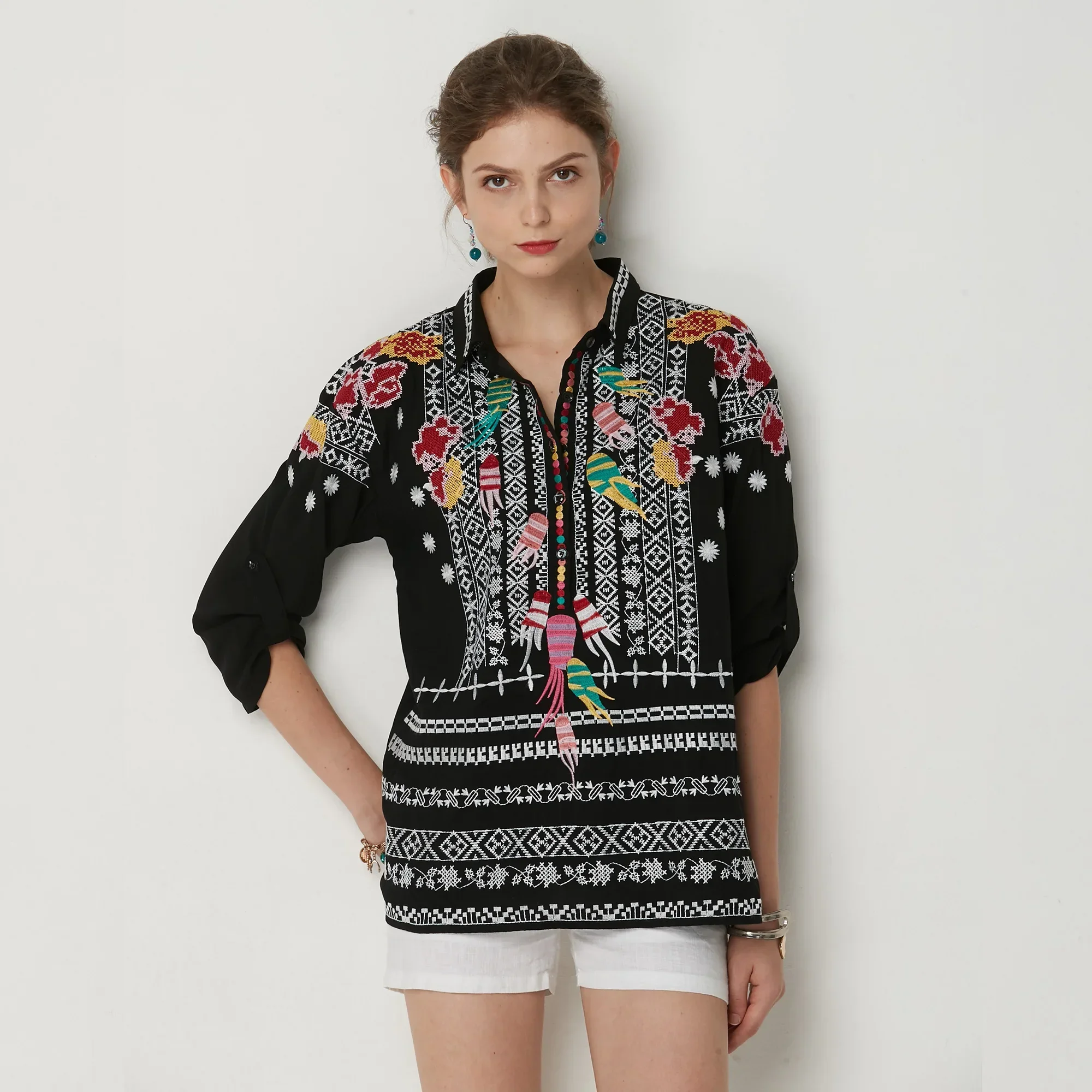 

Mexican Embroidered Farmer Shirt Plus Size Black 3/4 Sleeved Loose Cotton Top Short Sleeved Bohemian Shirt Women's T-shirt