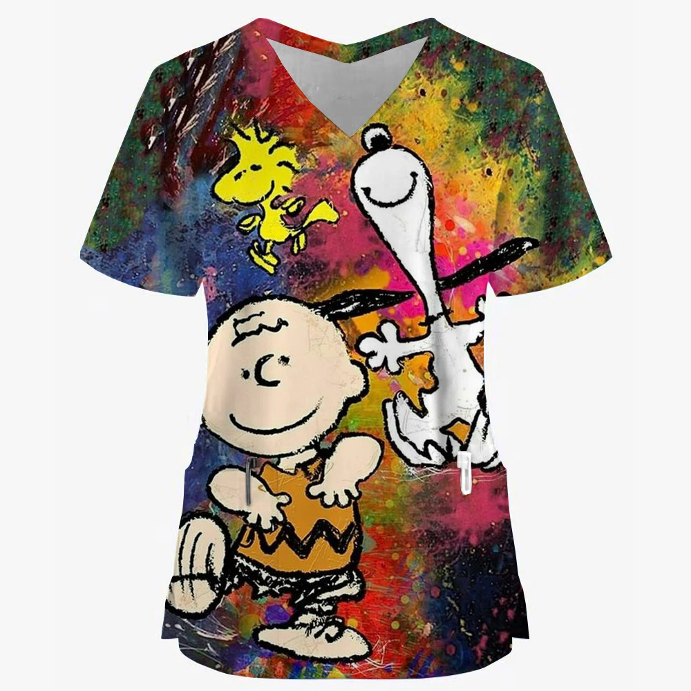 T-shirt Snoopy Summer Women Cartoon Dog Snoopy Shirts Tops Pocket Woman Nurse Uniform Clothes V Neck T-shirts Hospital