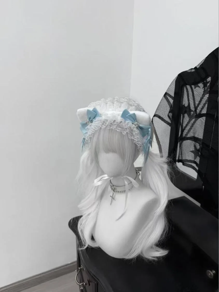 Słodka fajna czarna niebieska koronkowa śliczna Lolita obręcz do włosów opaska z uszami kota KC opaska na głowę pikantna dziewczyna nakrycia głowy z serii Landmine