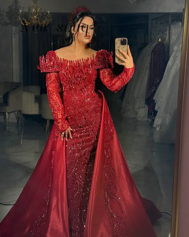 فساتين سهرة مطرزة باللون الأحمر الخمري مع تنورة خارجية دبي العربية في الشرق الأوسط رداء حفلات رسمي مخصص 2026 رداء حفلة موسيقية فاخر