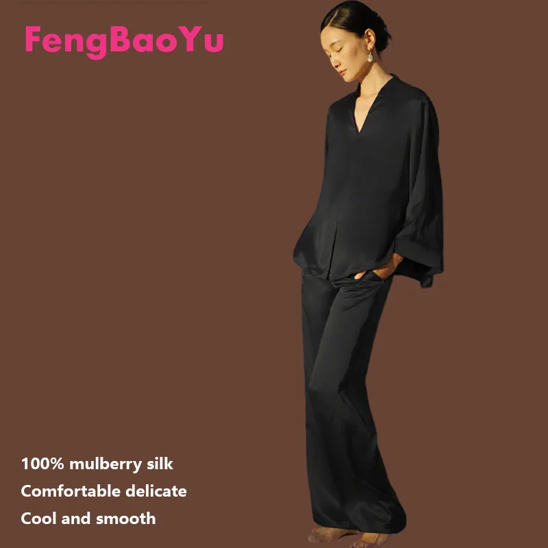 

Fengbaoyu 100% Natural Silk Women Set Long-sleeved Top and Long Pants. Luxurious Casual Clothing Shiny Bright Luster Comfortable