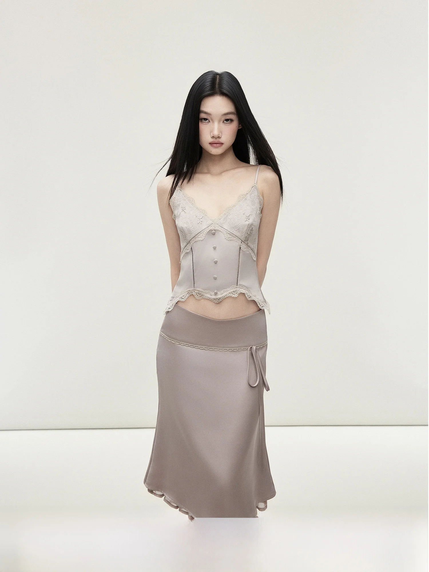 Matin Champagne Pink V-neck Satin Waist-cinching Strap Lace Patchwork Ruffle Button Short Top Women's Fashion Summer 2026