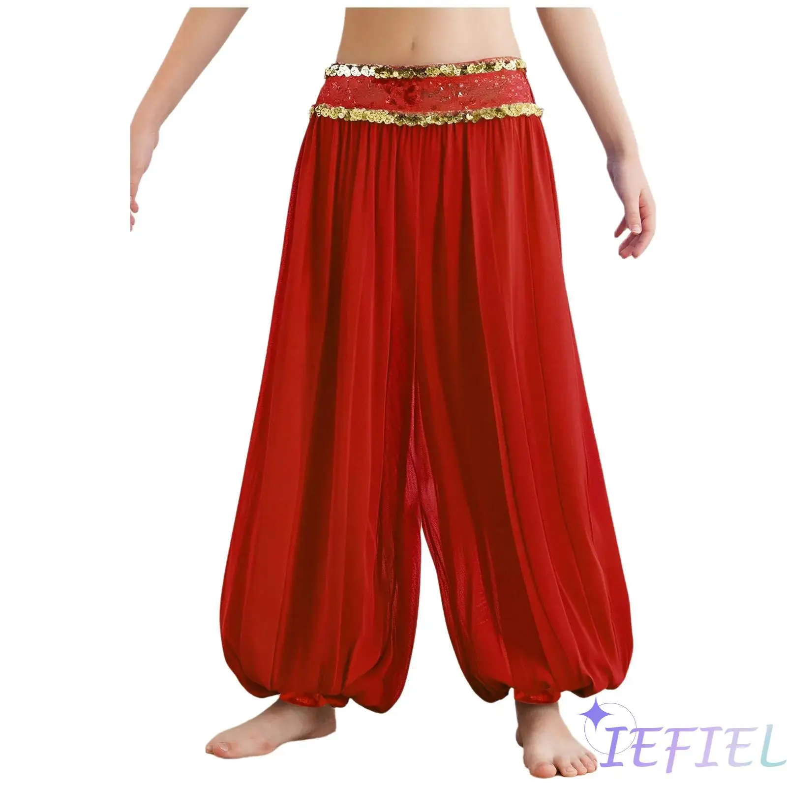 

Radiant Belly Dance Pants for Girls Sequin Waistband Sheer Mesh Panels Side Zipper Trousers for Performances Halloween Events
