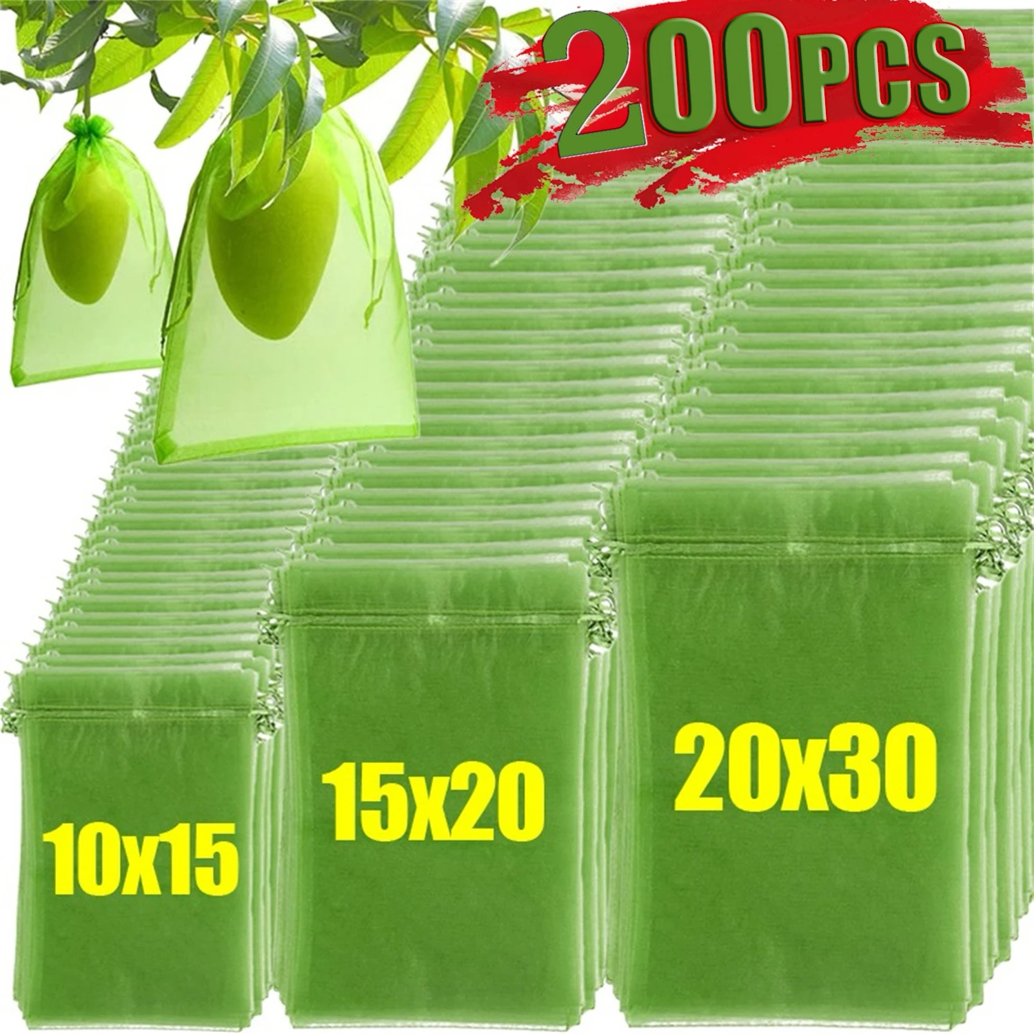 

200 шт. многоразовые сетчатые сумки для защиты фруктов на шнурке, зеленый садовый барьер для вредителей, крышка для деревьев, овощей, винограда, клубники