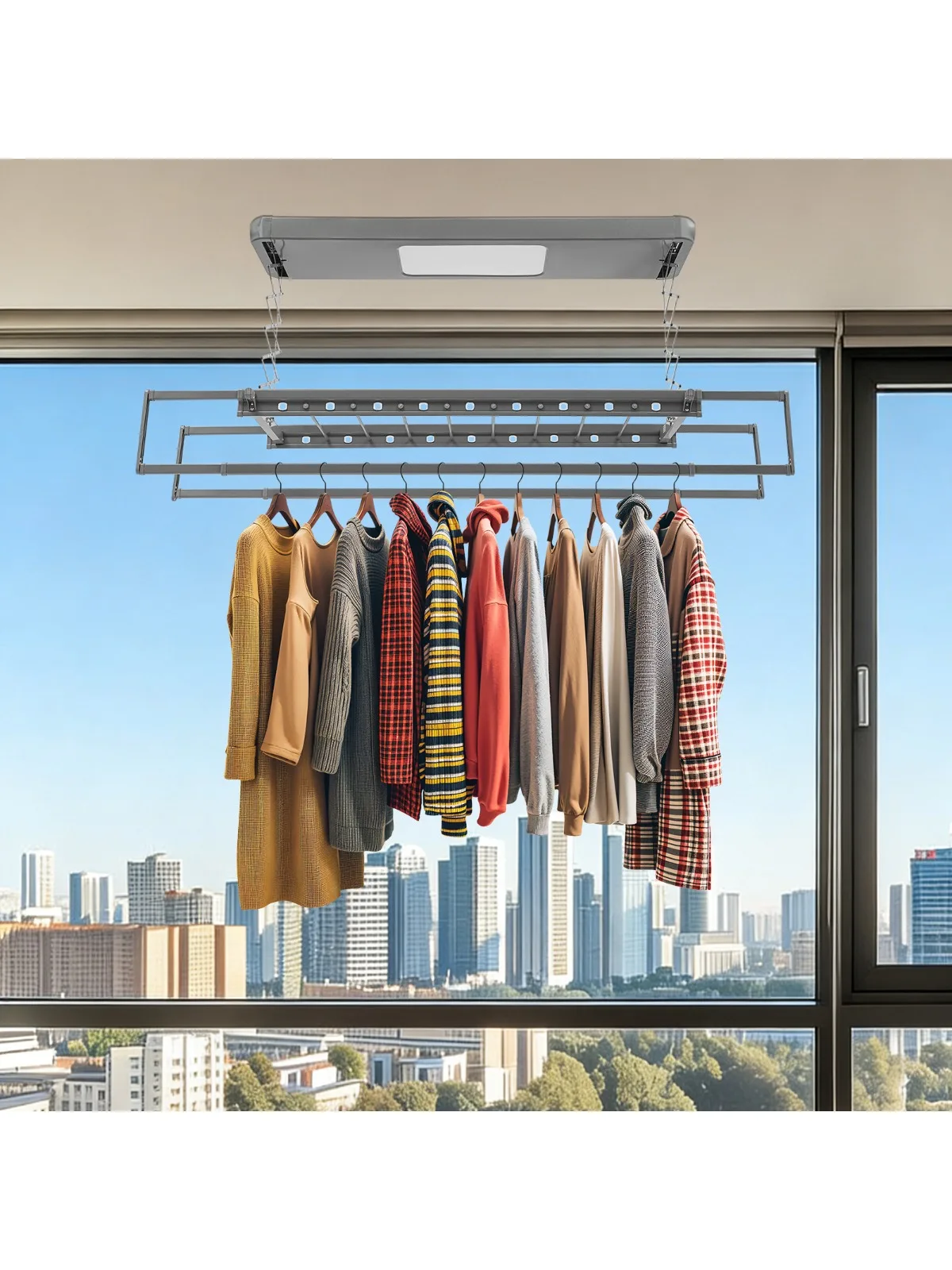 Elektrische plafondmontage waslijn met afstandsbediening, LED-verlichting, 35kg capaciteit, geschikt voor balkon, wasruimte en thuisgebruik - afbeelding 2