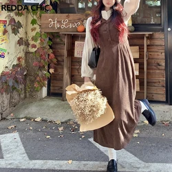 REDDACHiC Women Brown Corduroy Dress Suspenders Sleeve Less Casual V-Neck Pleated Retro Ladies Loose Midi Stylish Preppy Clothes