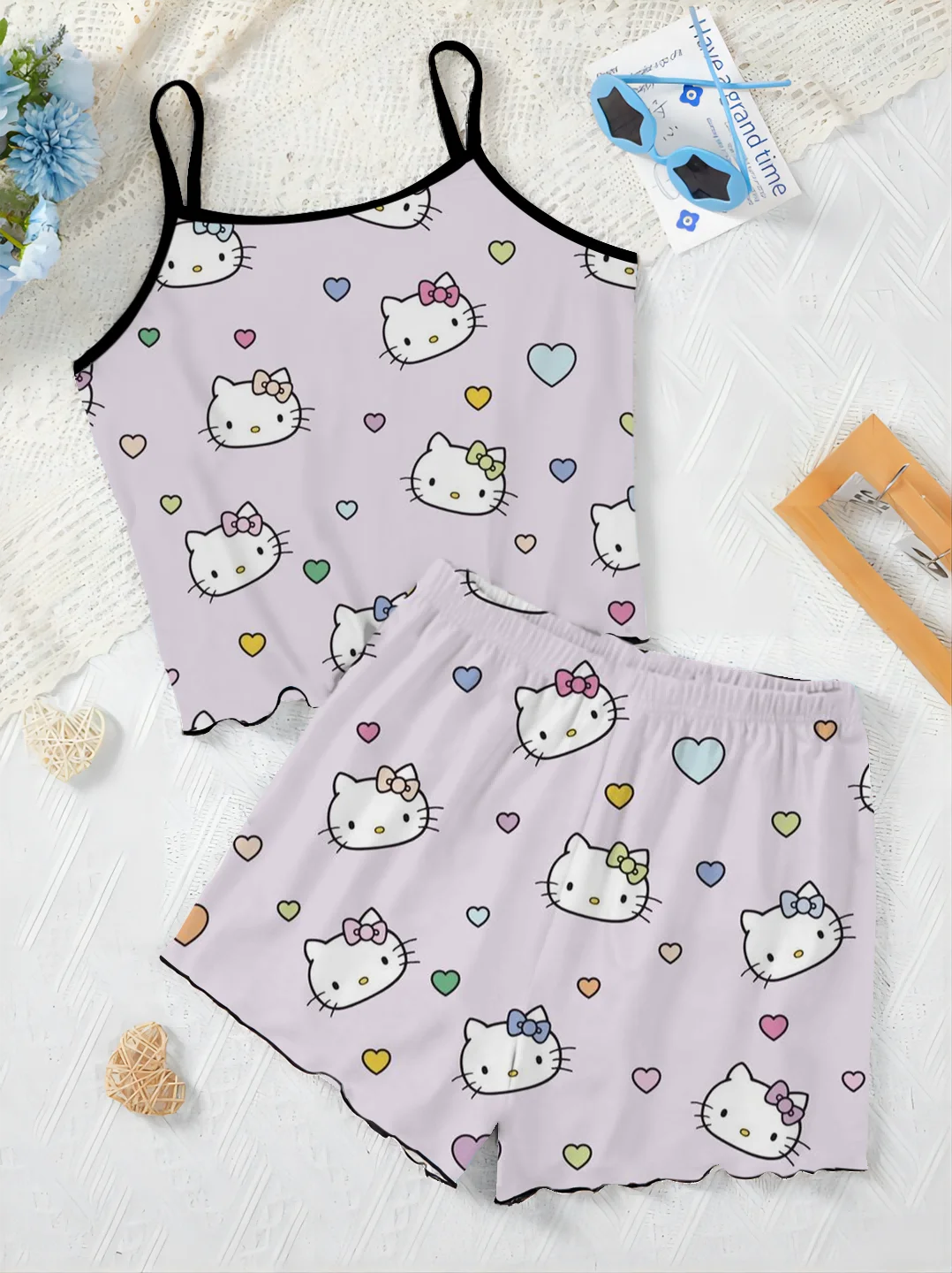 Conjunto de 2 piezas de ropa de Hello Kitty para mujer, camiseta y vestido, falda de pijama, Top elegante con ribete de lechuga, tendencia 2024