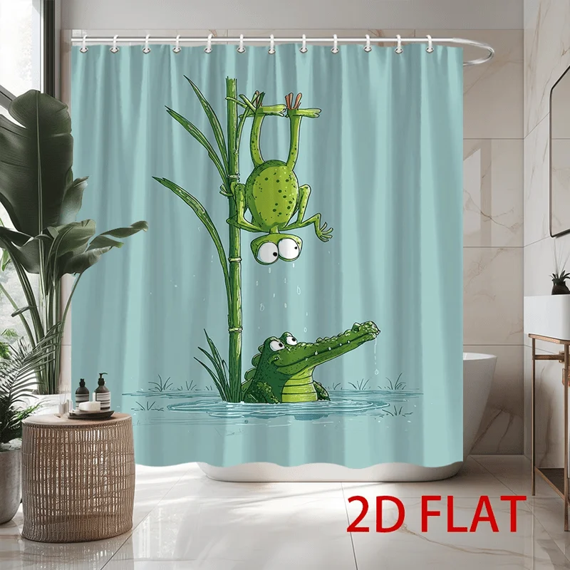 2D Flat, 1pc Fun Frog and Crocodile Shower Curtain,, 2D Flat Print, Multiple Sizes Available, Lively and Whimsical Design, Hook