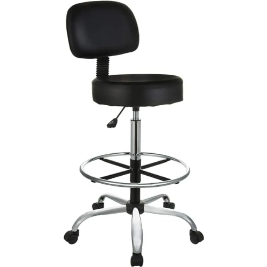 Multi-Purpose Adjustable Drafting Spa Bar Stool with Sturdy Foot Rest Back Support Cushion 360° Swivel and Wheels Black