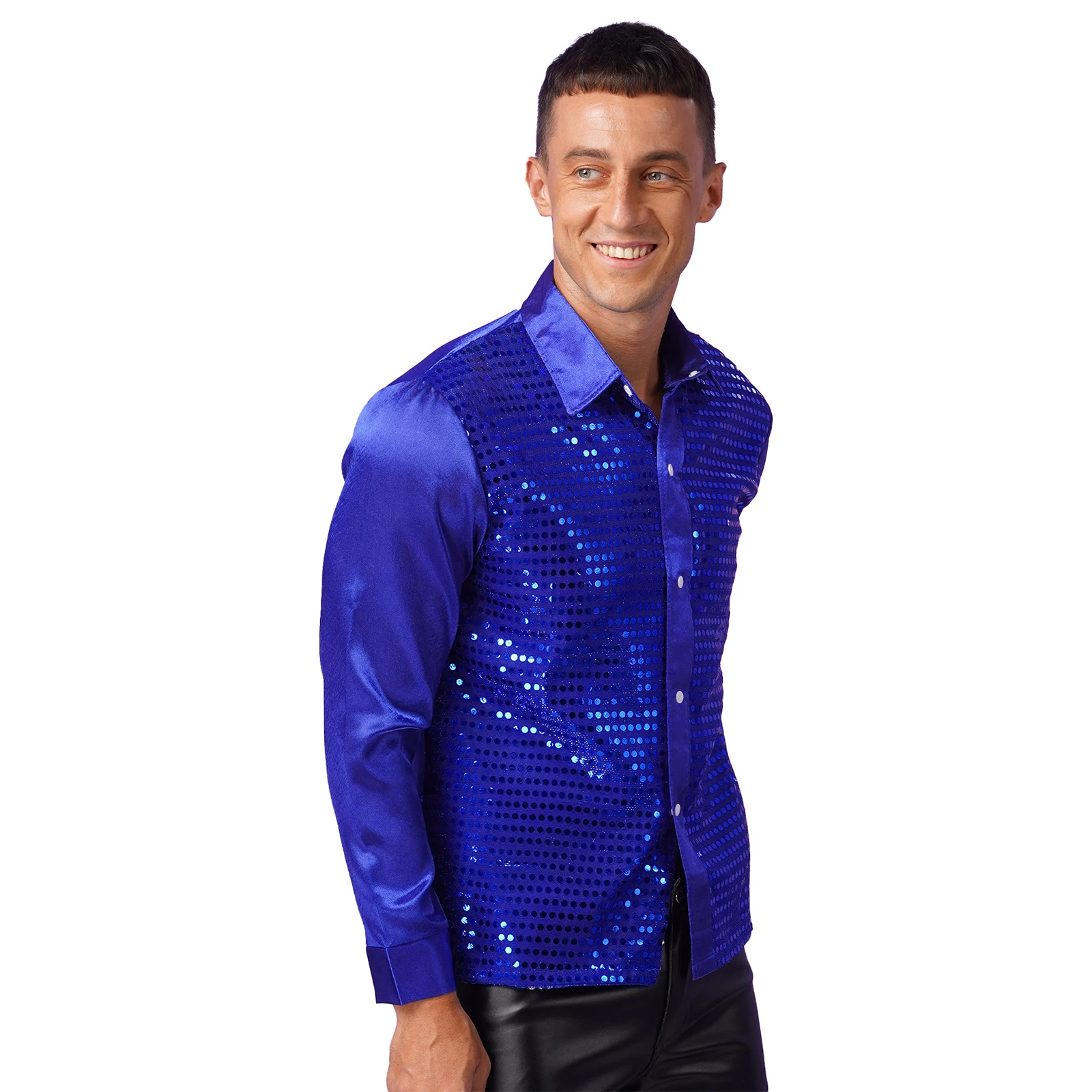 Men's Shirt Sequin Dance Long Sleeve Tops Sparkly Turn-Down Collar Latin Jazz Stage Performance Costume Dancewear Hiphop Clothes