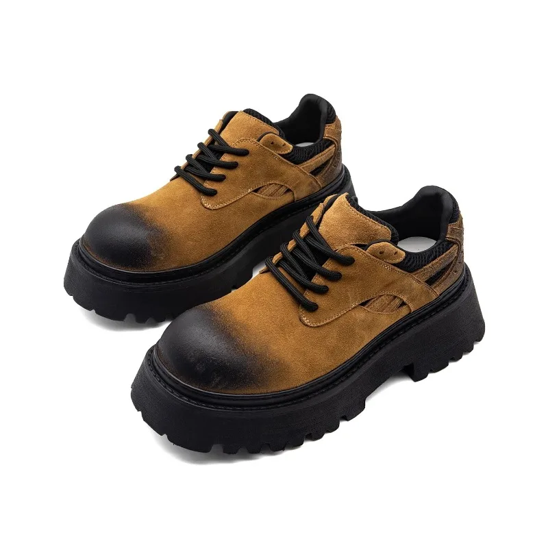 

Весенне-осенние коричневые туфли дерби, мужские повседневные дышащие офисные туфли из воловьей кожи на шнуровке, мужские кроссовки на платформе из натуральной кожи