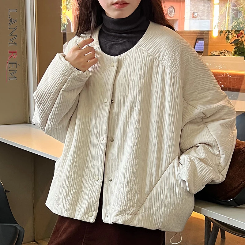 

Trendy Loose Casual Women Short Cotton Jacket Round Collar Single Breasted Winter Quilted Padded Coat Outerwear