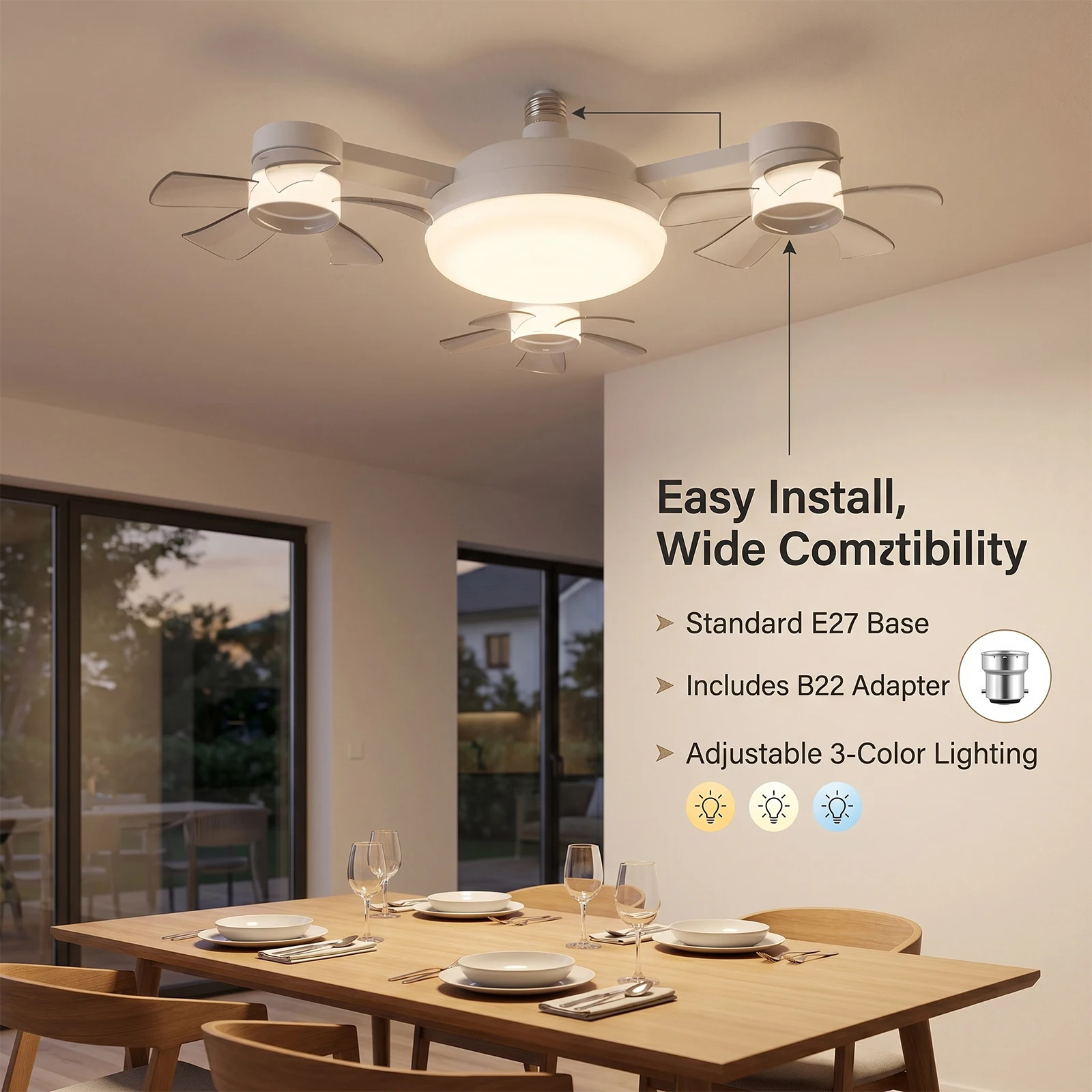 Socket Fan Light with Remote, Portable LEDs Ceiling Fans w/ Lights Bulb for Bedroom Kitchen Living Room Screws into E27 Dimmable