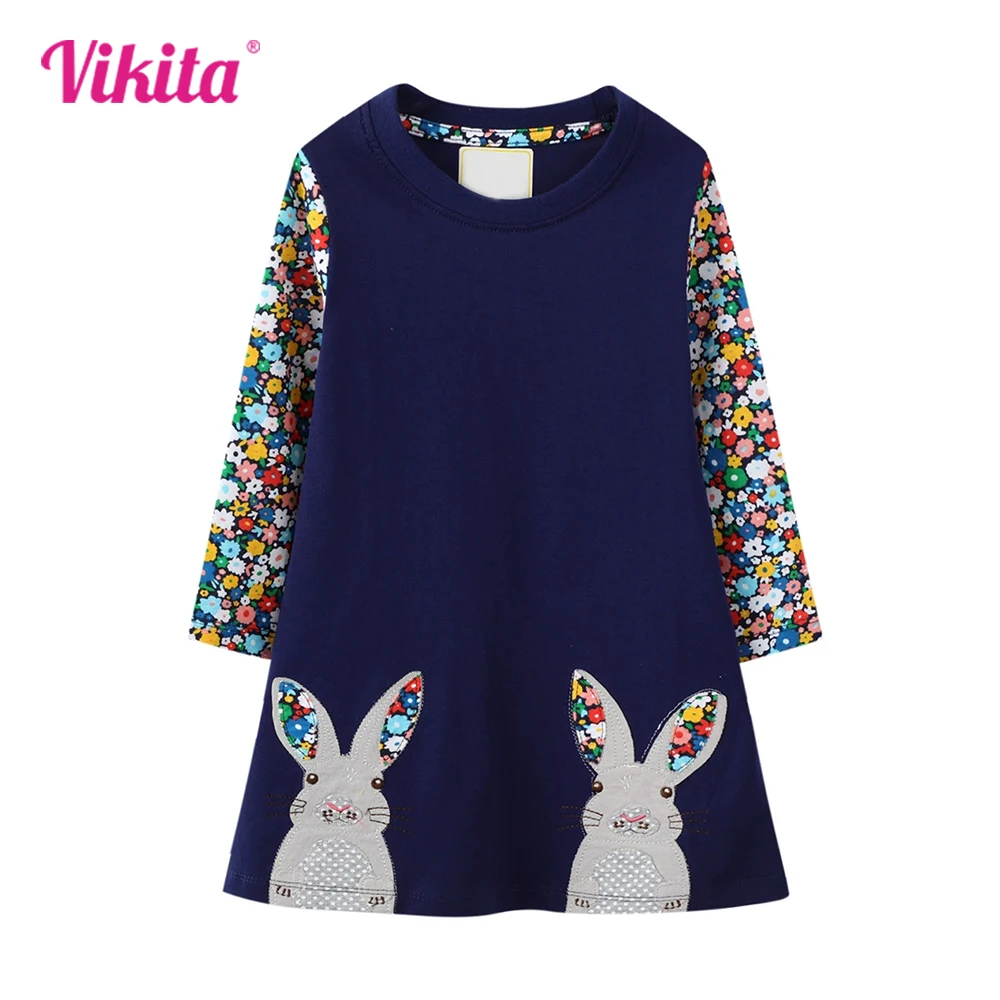 

VIKITA 2025 New Children Clothes Girl Rabbit Cartoon Appliqued Cotton Casual Straight Dress Kids Flower Print Long Sleeve Frocks