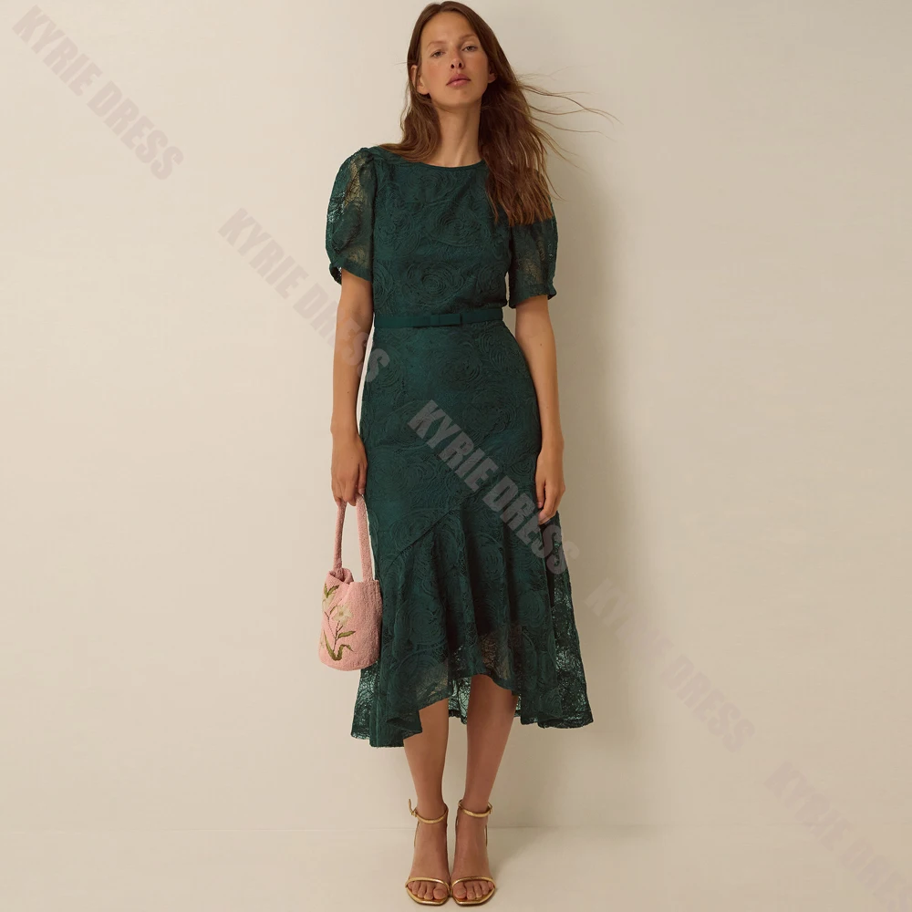 Elegant Mother of The Bride Dresses Customized Boat Neck Puff Sleeves Lace Applique Women Wedding Guest Gown Party Evening Dress