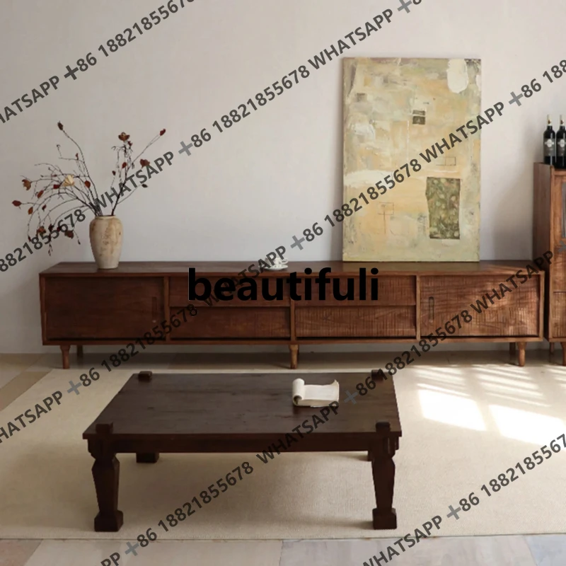 

Vintage Style Solid Wood TV Cabinet Retro Living Room Wabi-Sabi Style TV Stand
