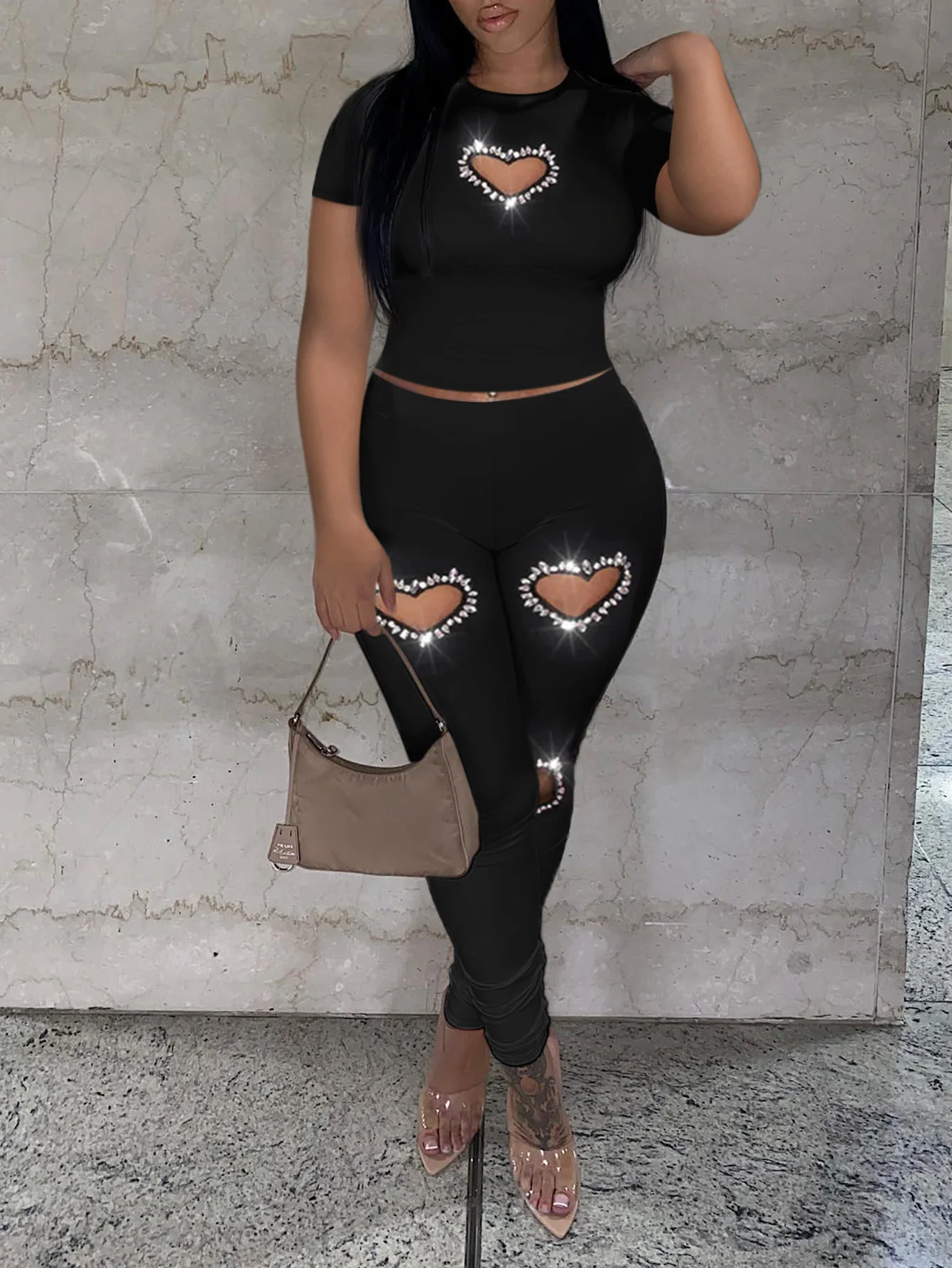 LW Plus Size Crop Top Rhinestone Heart Decor Pants Set Women Sexy Skinny Two-Pieces Suit Short Sleeve Top +Trousers Set