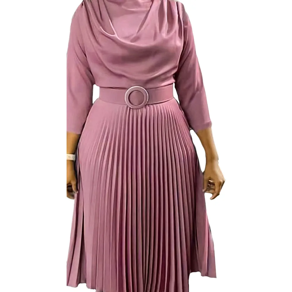 JENYAGE Damen Einfarbiges, schlichtes, fließendes Midikleid mit Wasserfallausschnitt, 3/4-Ärmeln und plissiertem Rock, mit Gürtel mit Schnalle, elegantes, formelles Partykleid – Detail 7