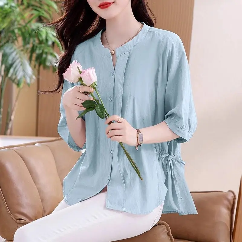 

Women's Clothing Solid Color Shirt 3/4 Sleeve Summer New Slim Fit Elegant Casual Office Chic Blouse Fashion White Pink Blue