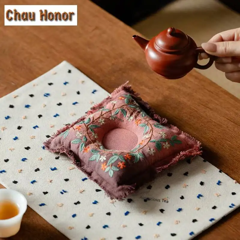 ZAEYORIA Brocade Embroidered Square Pot Bearing Holder Coffee Cup Holder Dry Soaking Table Tea Tray Coasters Cafes Decoration