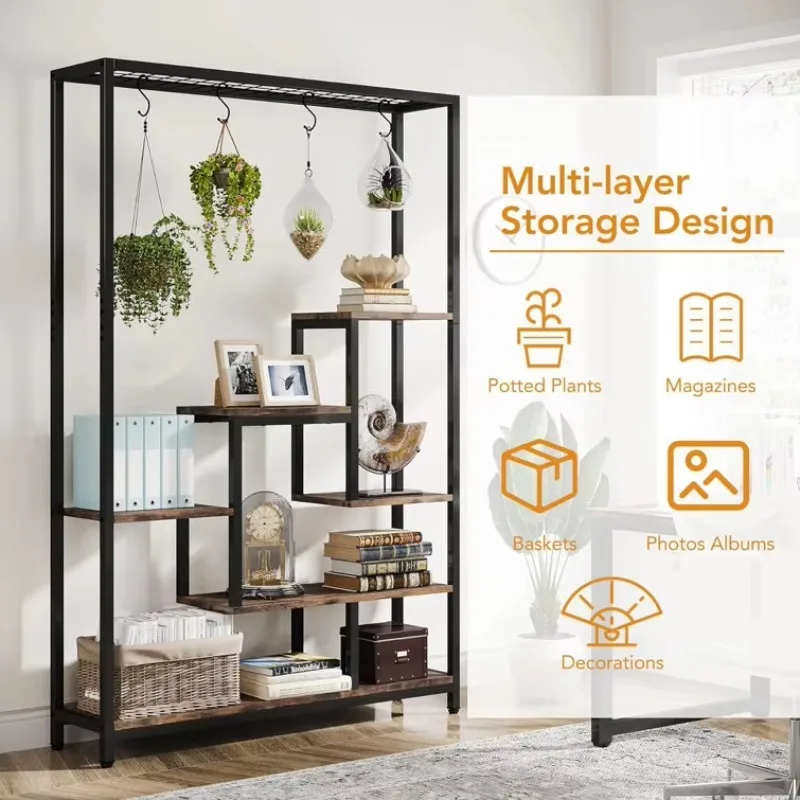 5 Tier Tall Metal Indoor Plant Stand Hanging Hooks Multi-Purpose Living Room Kitchen Entry Flower Bonsai Display