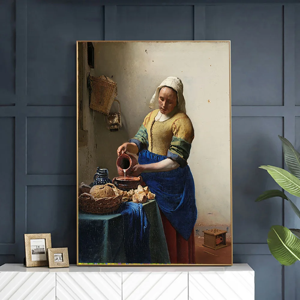 Milkmaid Johannes Vermeer kobieta słynny obraz olejny na płótnie plakaty i druki Wall Art Picture wystrój salonu Cuadros