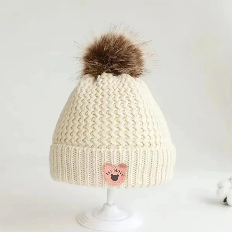 Fall Winter Baby Knit Hat Cartoon Bear Leather Label Thicken Fleece Cap for Boy Girls Cute Pompom Kids Beanie Infant Accessories