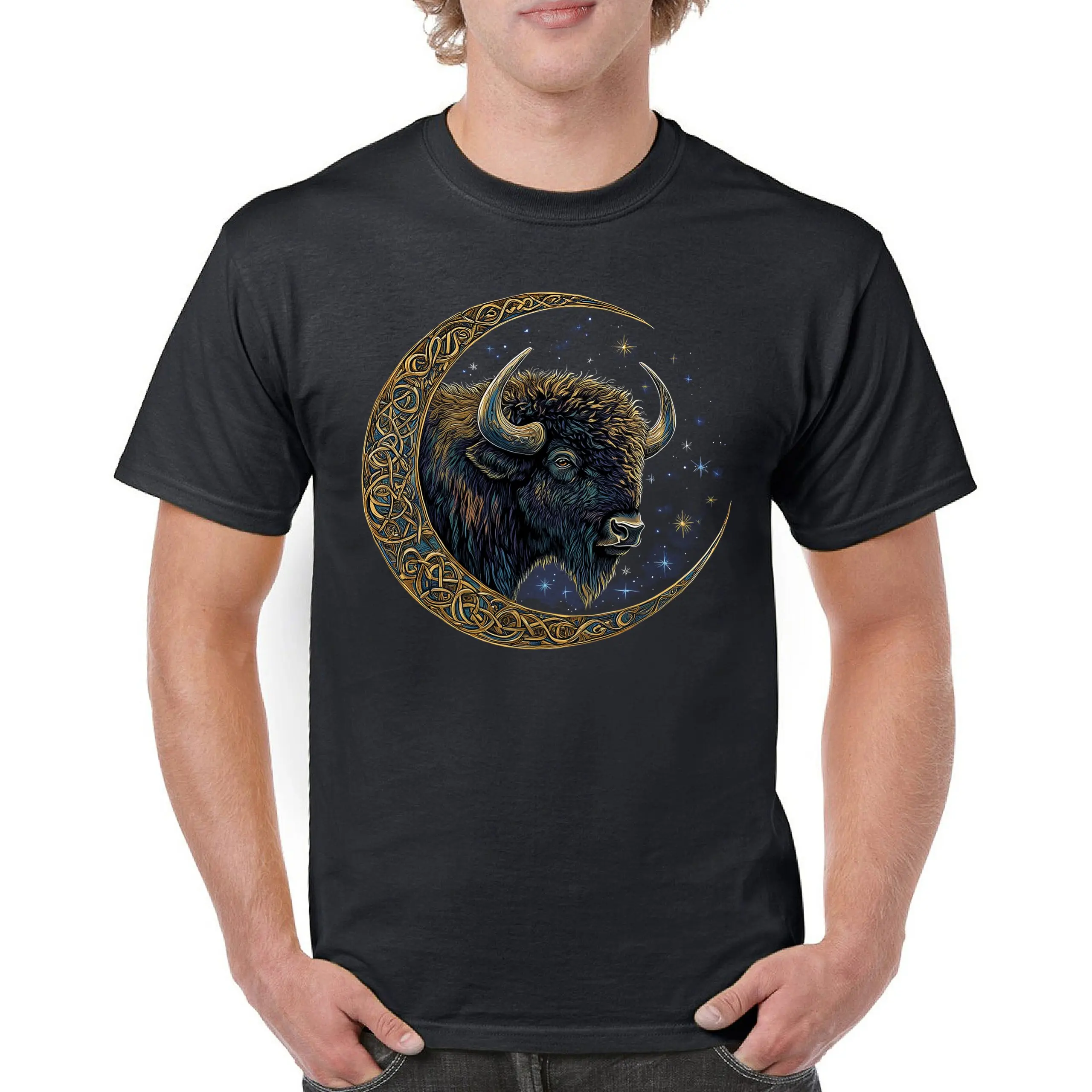 

Mystical Forest Animal Wildlife Celestial Celtic Moon Bison T-Shirt 100% Cotton O-Neck Short Sleeve Summer Casual Mens T-shirt
