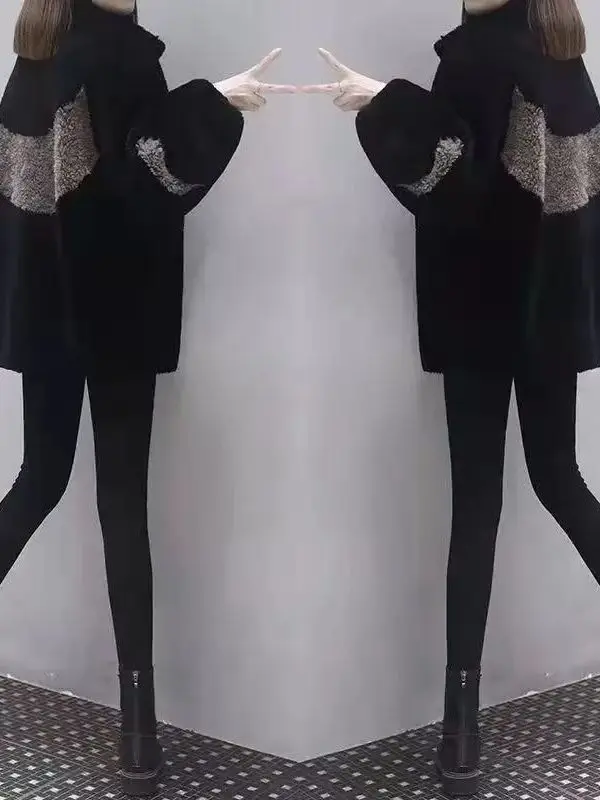 plus Size Women's Autumn Winter Color Block Lamb Fur Jacket Zipper Sweatshirt Outerwear Open Cardigan High Waist Long Sleeve