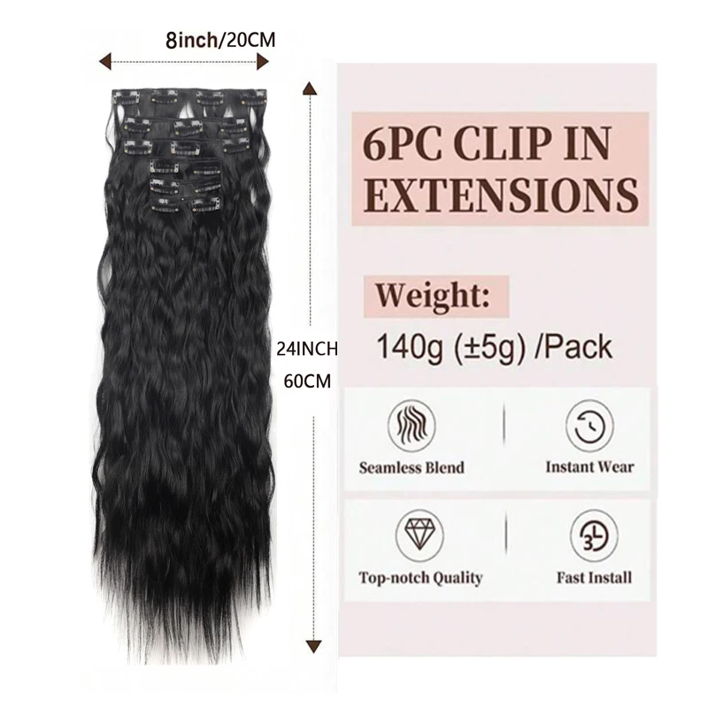 Synthetische Clip-in-Haarverlängerungen, 6-teiliges Set, verworrene lockige 24-Zoll-lange Clip-on-Haarteil-Stil für Frauen und Mädchen, tägliche Party – Detail 1