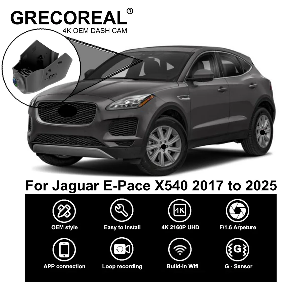 

GRECOREAL 4K Dash Cam Front and Rear WiFi Car Dual Camera Dashcam Plug Play Compatible with Jaguar E-Pace Epace E Pace X540