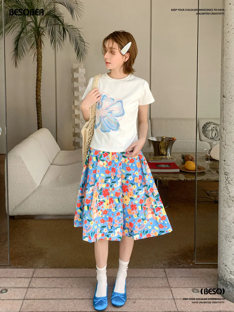 Coalfell Vintage Blue Flower Bud Pleated Skirt Women's Summer All-match Casual Mid-length Bud Skirt