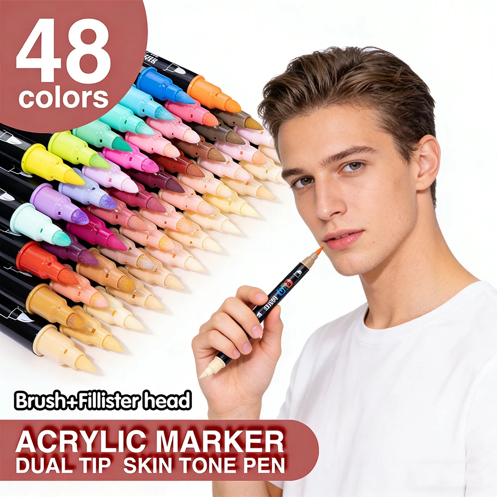 

24/48 Colors Skin Tone Markers Pens,Nylon Soft Double Head Acrylic Markers,Waterproof Pen Soft Brush Nib Skin Color