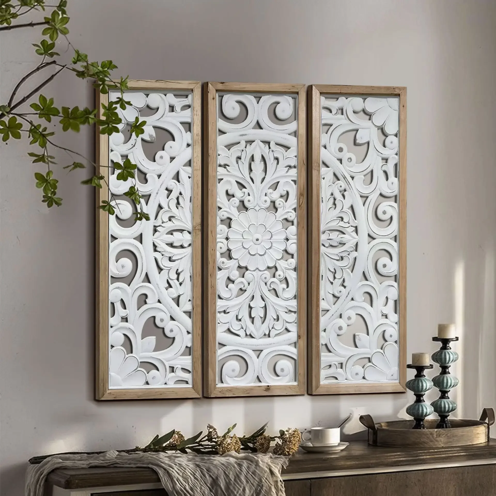 French vintage solid wood hollow  carving three-dimensional wall decoration living room   set 3 entrance background