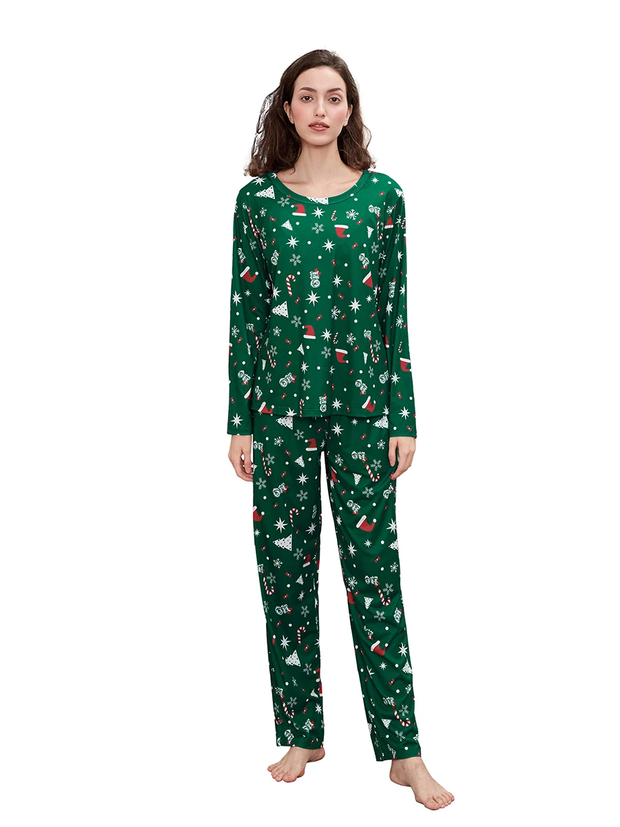 Women Christmas Pajama Set Candy Cane Hat Print Long Sleeve T-shirt with Pants Sleepwear Loungewear