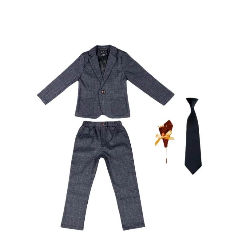 Kids 4Pieces Formal Suit Set With Jacket Pants Tie Brooch Boys Wedding Birthday Party Dress Children's Piano Performance Costume