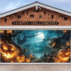 Halloween garage door banner decoration, misty forest pumpkin lantern scene