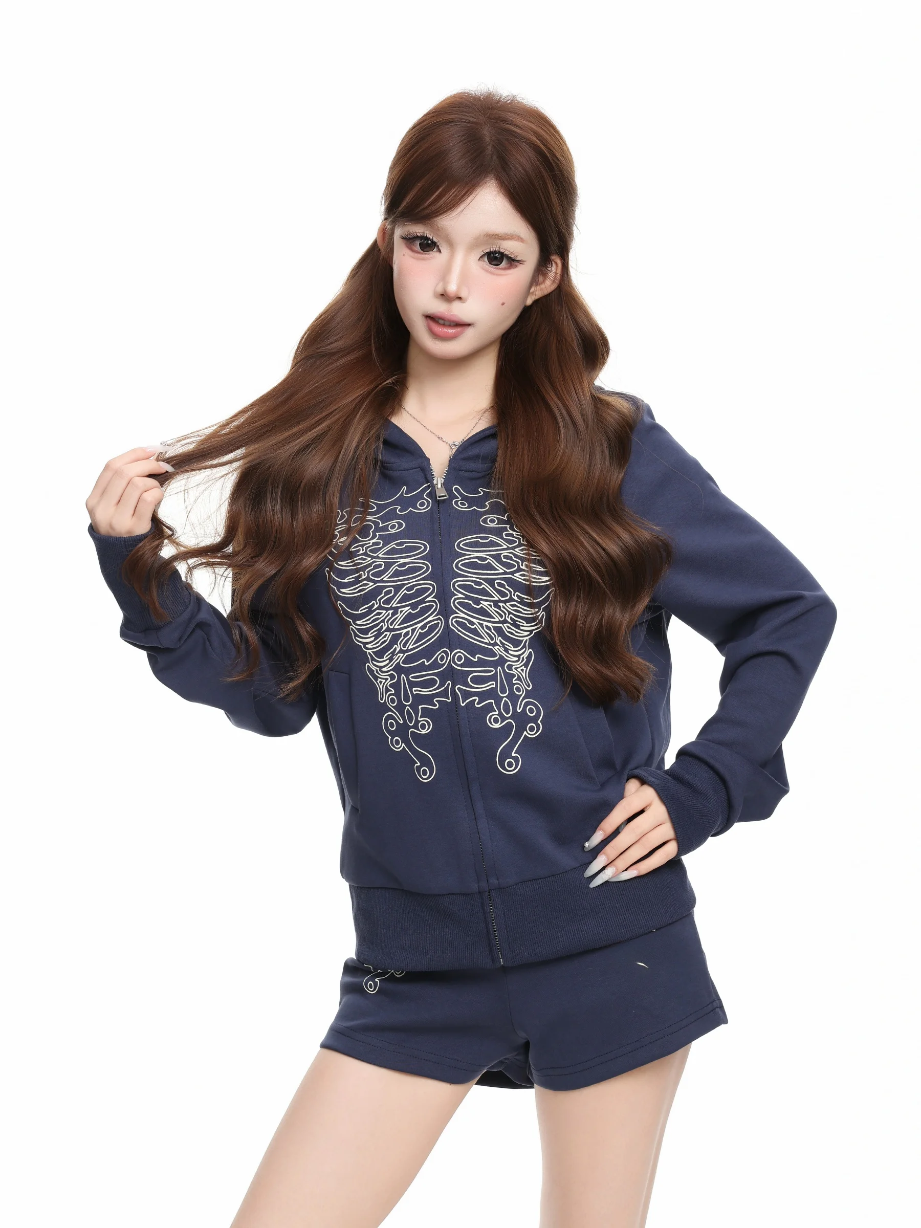 American Retro Printed Hoodie Women's Slim Fit Casual Cardigan Jacket Standard Version Long Sleeve Cotton Polyester Blend