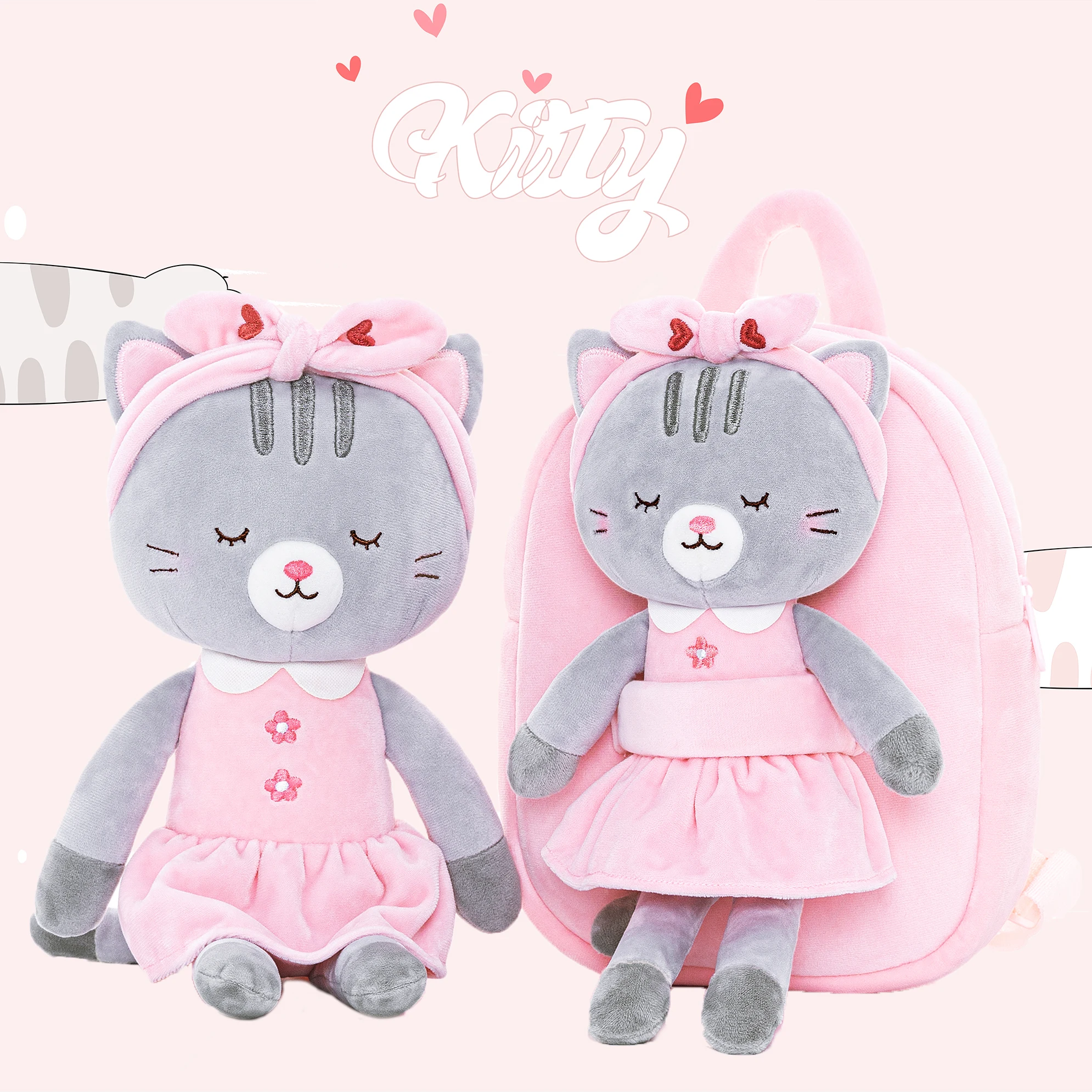 Stuffed Animal kitty Dolls Plush Cat Backpack Soft Plush Animal Toys Baby Girl Birthday GIfts First Backpacks for KIds