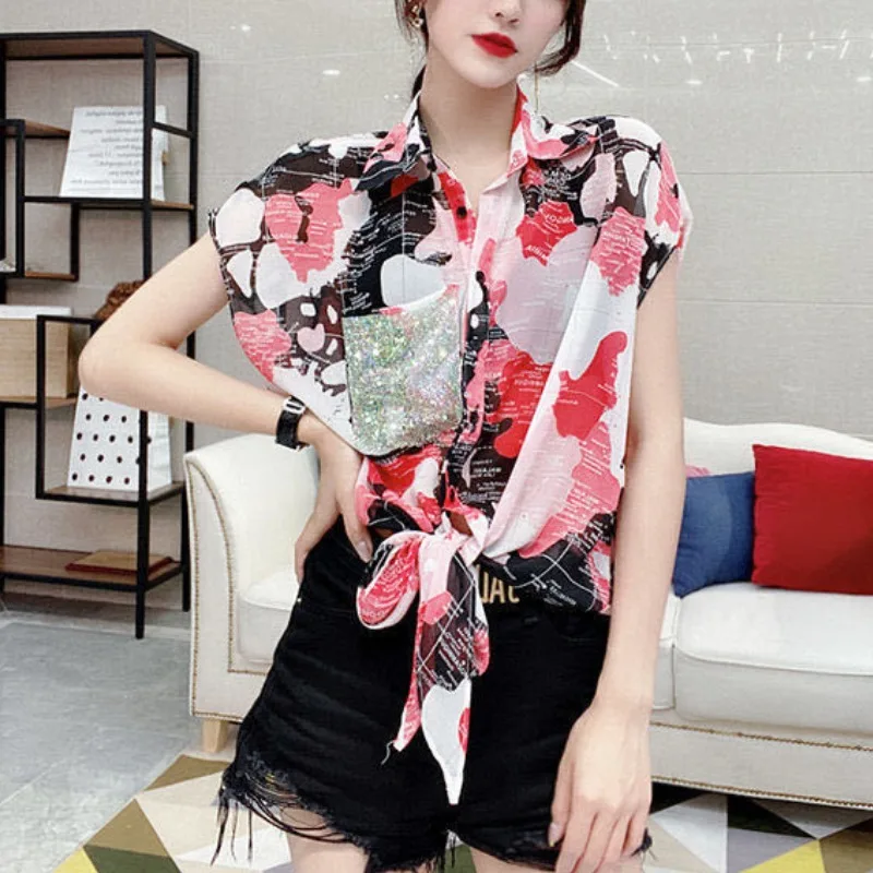 Simplicity Office Lady Summer Women\'s POLO Collar Printing Diamonds Button Lacing Fashion Loose Short Sleeve Chiffon Shirt Tops