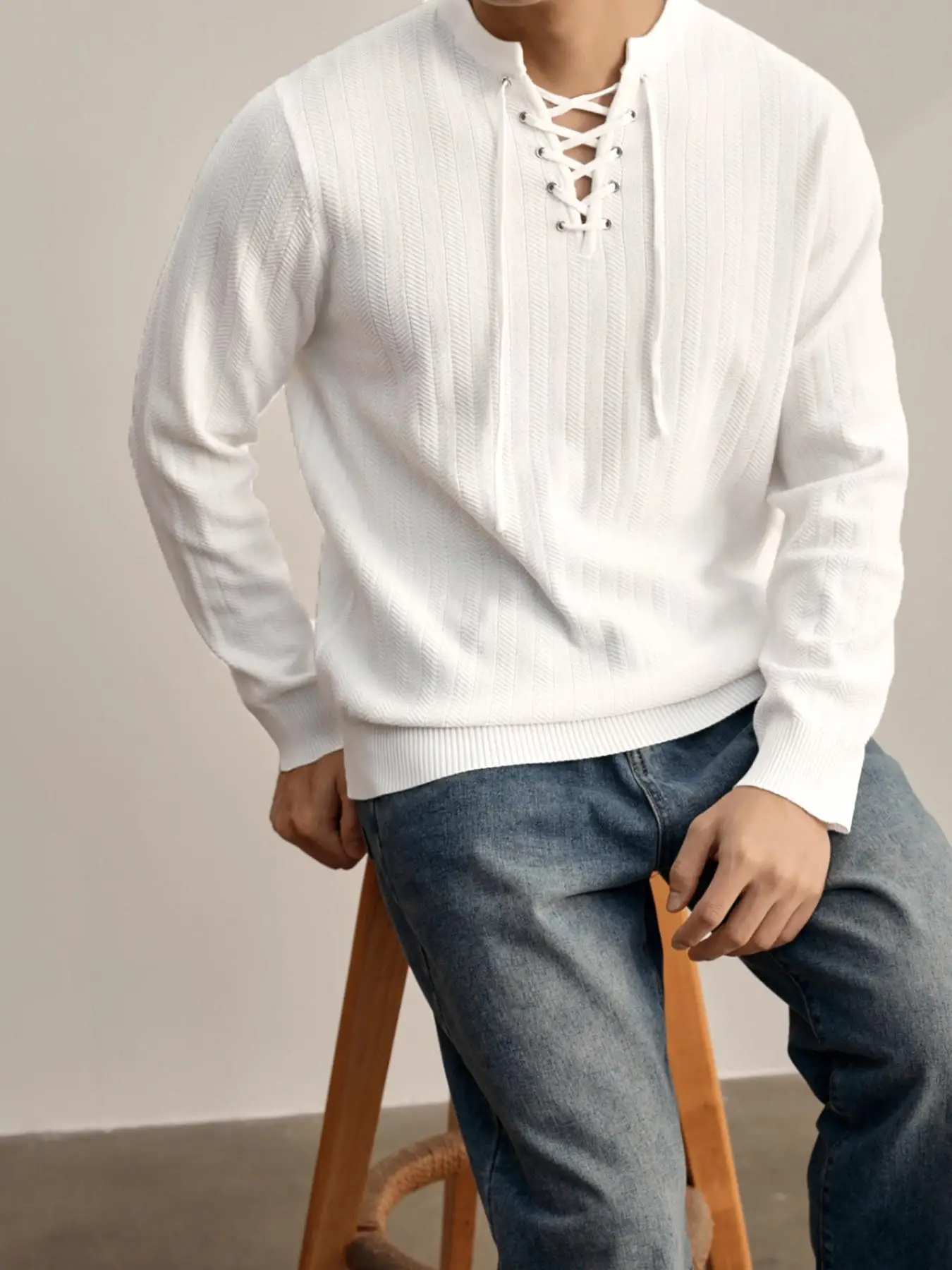 

High Street Preppy Linear Texture Knitwear V-Neck Cross Drawstring Design Men's Autumn Sweater Breathable Machine Washable