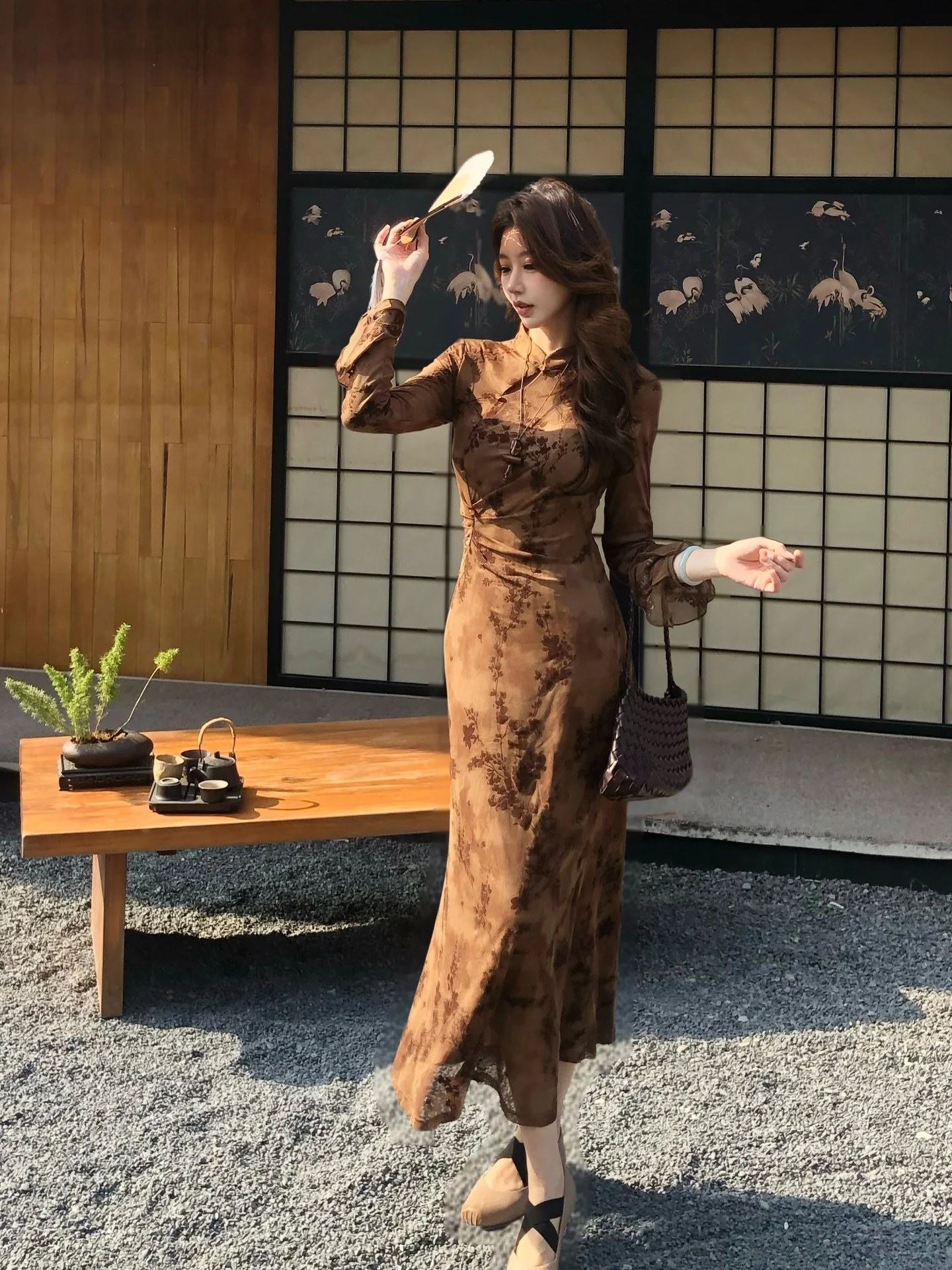 

New Chinese Sle Coffee Print Long Sve Women's Dr Spring Vintage LiangXian ZhiHe Ele Floral Pattern